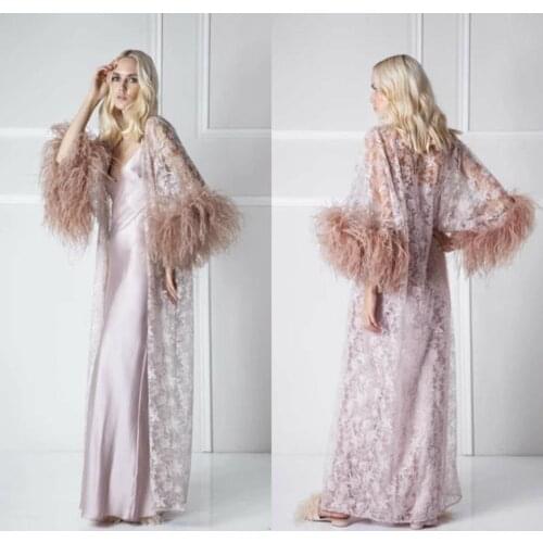 2 Pcs Wedding Nightgowns with Feathers Lace Jacket Party Celebrity Sleepwear Robes Bridal Bathrobes