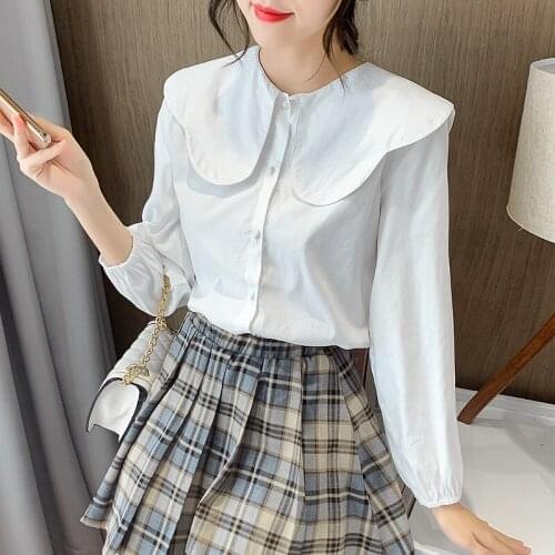 2021 solid color lapel sweet doll collar single-breasted long-sleeved shirt female Han Fan loose college style top blouse