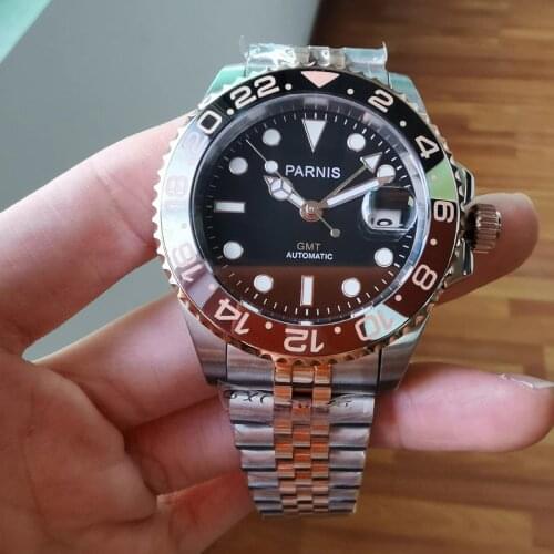 Parnis 40mm Mens Watches Automatic Mechanical GMT Sapphire Crystal Rose Gold Jubilee Bracelet Calendar Men Wristwatch 2021 Gift