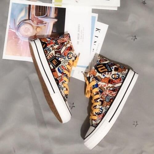 Canvas shoes female national tide hand-painted Harajuku ulzzang graffiti shoes fashion trend wild Korean high-top womens shoes