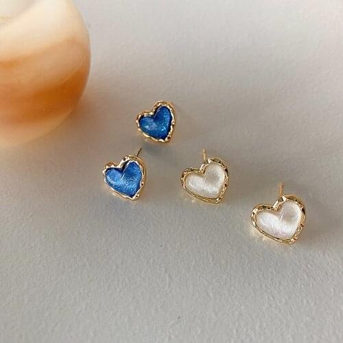 French Retro White Royal Blue Heart Earrings for Women Girls Gold Color Metal Small Love Heart Clear Glass Stud Earrings Jewelry