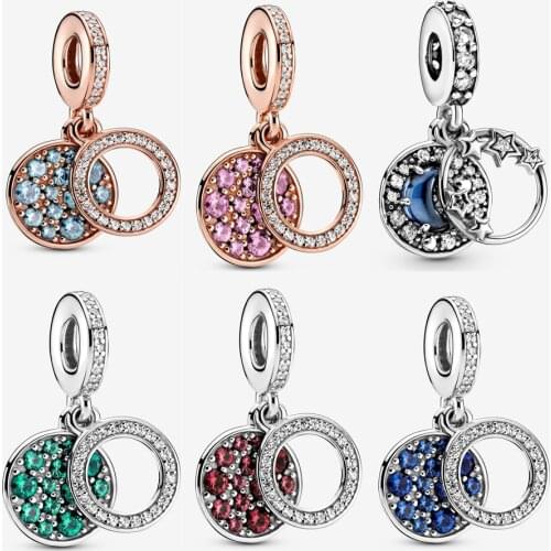 2020 New 925 Sterling Silver 6 colors Sparkling Blue Disc Double Dangle Charm Fit pandora Bracelet Necklace Pendant DIY Jewelry