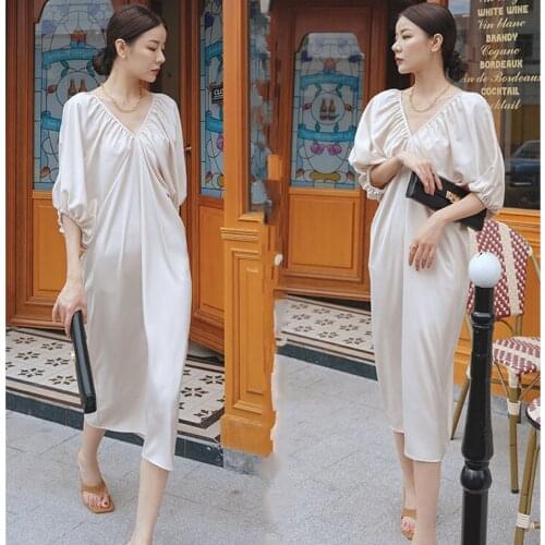 Chic Satin Woman Dress Lantern Sleeve V Neck Loose White Midi Dress Cross Back Elegant Vestidos Vintage Casual Dress 2021