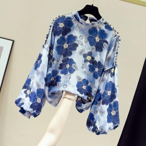 Blue Chiffon Women Blouse Summer New O-Neck Lantern Sleeved Loose Fashion Design Office Lady Elegant Pulls Outwear Tops