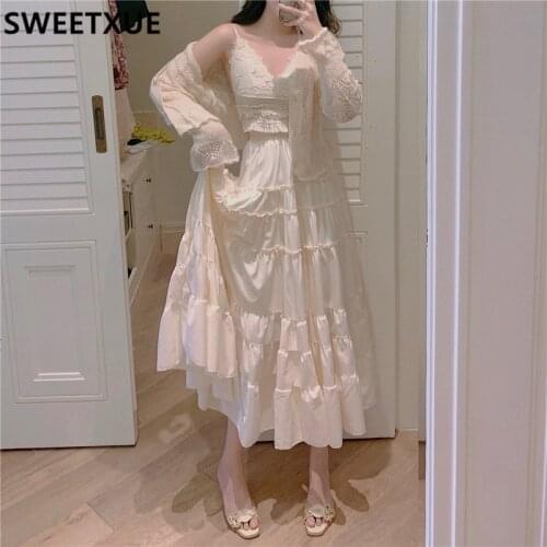 SWEETXUE Korean Sexy Lace Patchwork Sling+Long Skirt+Hollow Out Knitted Cardigan 3 Pieces Set Women Female Cute Fairy Party Suit