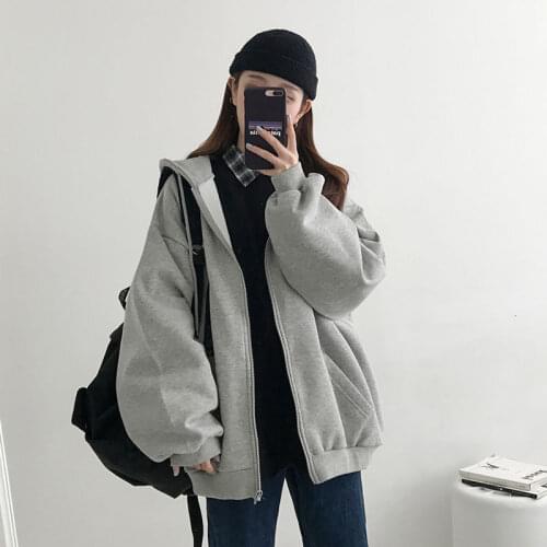 HOUZHOU Gray Zip Up Hoodie Korean Fashion Autumn Winter Warm Thick Oversized Harajuku Vintage Casual Black Sweatshirt Women