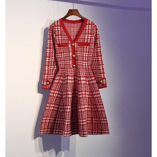 Temperament Retro Small fragrance style knitting Dress New Plus Size Women Dress V-neck Long Sleeve Slim A-line Sweater Dress
