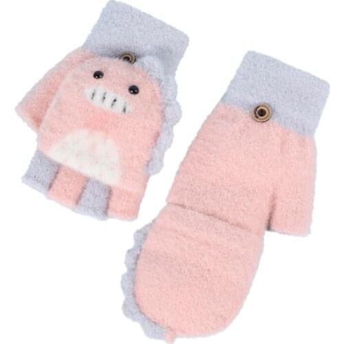 Children Kids Baby Winter Warm Convertible Flip Top Half Finger Gloves Cartoon Shark Dinosaur Knitted Fingerless Mittens