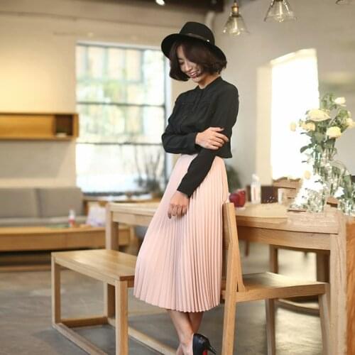 Female Solid ColorHigh Waist Pleated Solid Color Half Length Elastic Skirt Ladies Pink Spring Autumn New Fashion Elegant Skirt
