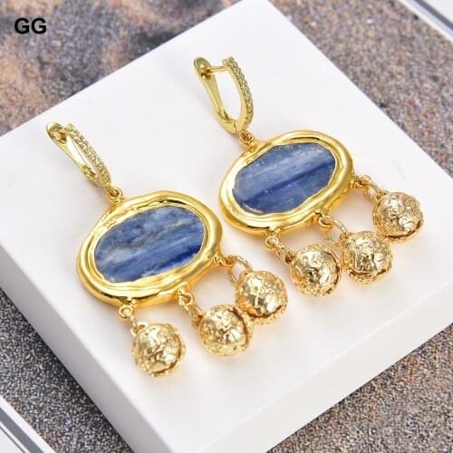 GuaiGuai Jewelry Natural Blue Kyanites Dangle Gold Plated Small Bell CZ Hook Earrings Gold Color Plated For Women Girls