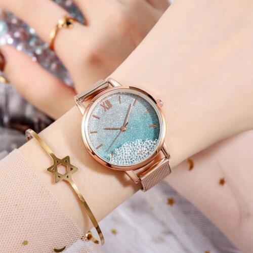 Womens Watches Bracelet Simple Watch Round Dial Quicksand Ball Bearing Quartz Wristwatch Gift Female Luxury Wrist Watch Jewelry