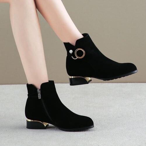 2020 Winter Shoes Women Ankle Boots Faux Black Low Heels Suede Booties Pearl Dress Shoes Square Heel Botas Mujer Plus Size 8507N