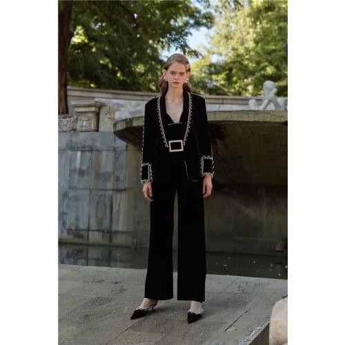 DEIVE TEGER 2021 New Womens 3 Pieces Set With Sheer Crystal Decoration Crop top Jacket Pants Suits Vestido OL Style Party Suit