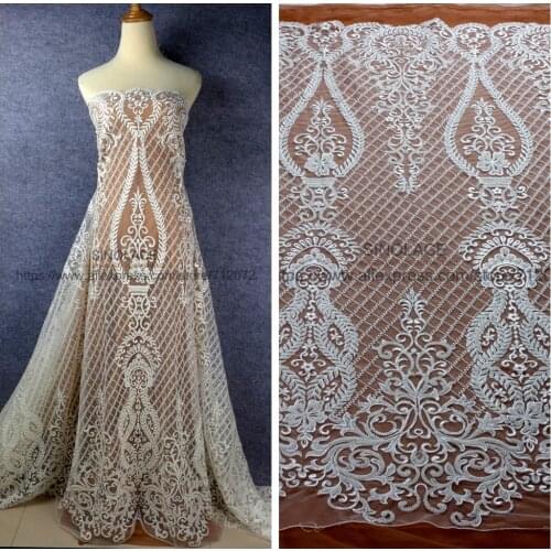 La Belleza Off white heavy beaded lace evening/wedding dress handmade beading lace fabirc 51'' width beaded fabric