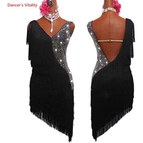 Latin Dress Women Dancing Rhinestone Dress Black Tassels Fringe Dress Rumba Dress Competition Salsa Costume Gatsby Dress