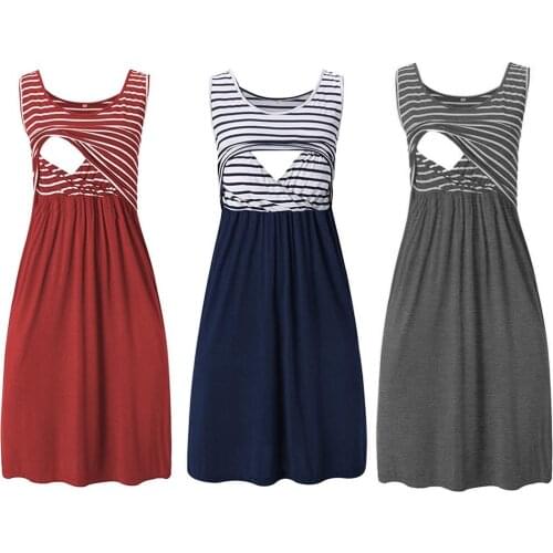 2021 Breastfeeding Nightwear Women Pregnant Maternity Stripe Tunic Breastfeeding Summer Maternity Dress Loose Nursing Dress