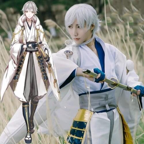 Anime Touken Hot Selling Tsurumaru Kuninaga Cosplay Full Set Touken Ranbu Online White Samurai Polyester Costume wig shoes