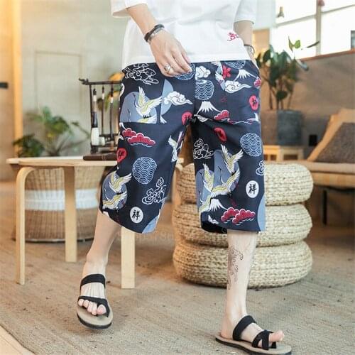 Men Japanese Style Ukiyo-e Pants Woman Harajuku Crane Trousers Kimono Wide Leg Pants Leisure Cropped Loose Harem Asian Clothes