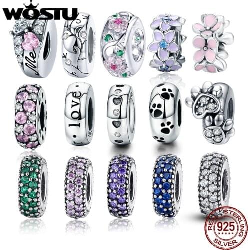 WOSTU Authentic 925 Sterling Silver Zirong Spring Beads Charms Pendant Fit Bracelets Women Party DIY Fine Jewelry Gift Making