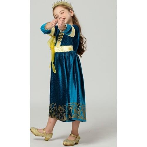Brave Meridar Dress Costume for Girls Christmas Birthday Kids Long Sleeve Vellet Party Gowns Princess Meridar Hair Wig Dress