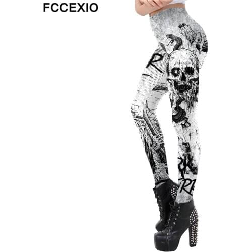 FCCEXIO Punk Rock Skull 3D Print Halloween Tight Leggings Sports Women Fitness Sexy Skinny Leggins Pant Women Party Long Pants