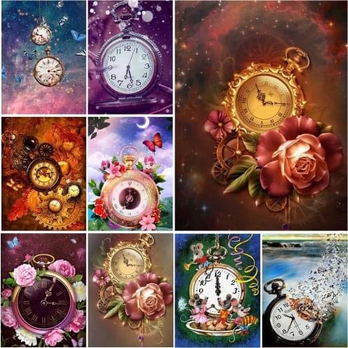 FIYO 5D Diamond Pattern Rhinestone Needlework Diy Painting Cross Stitch Clock Flowers Diamond Embroidery Hanging Picture Art