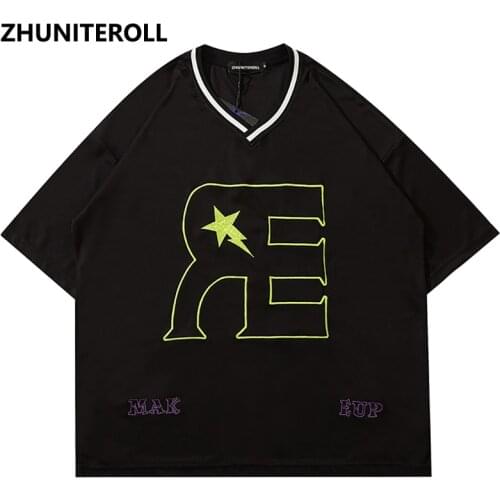 2021 Men Hip Hop Oversize T Shirt Streetwear Embroidery Letter Print T-Shirt Harajuku Cotton Loose Short Sleeve Tshirt Black