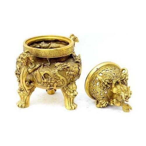 Chinese Old Bronze Gilt Dragon Foo Dog Lion Beast Statue Incense Burner Censer
