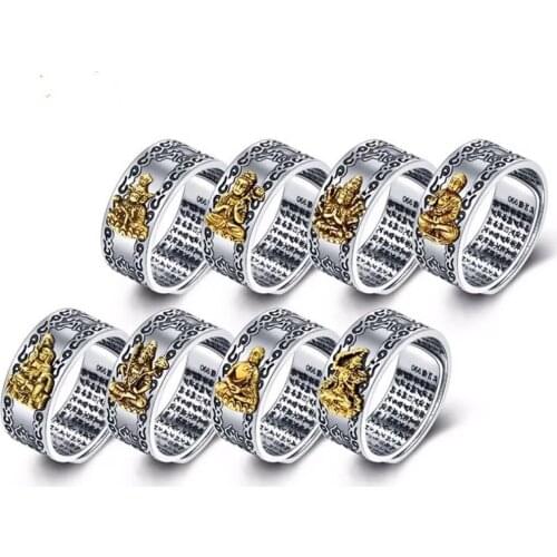 Vintage Thai Silver Eight Patron Saint Ring Mens Birth Year Twelve Zodiac Sterling Silver Buddha Heart Sutra Ring Mens Ring
