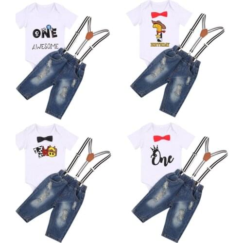 0-24M Baby Boys Clothes Sets Outfits Cartoon Letter Printed Romper with Denim Ripped Suspender Gentleman Pants For Birthday