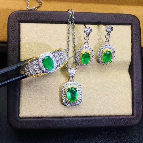 Real Natural Emerald jewelry set Natural Real Emerald 925 sterling silver 1pc pendant,1pc ring,2pcs Earring