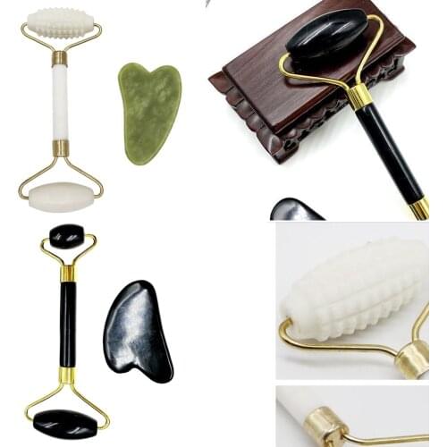 Double Heads Jade Face Roller Gua Sha Tool Set for Skin Lift Wrinkles