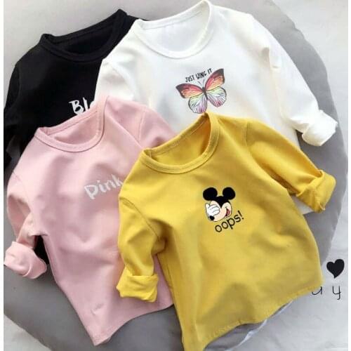 2021 New Boys and Girls Long-sleeved T-shirt Childrens Spring and Autumn Cartoon Mickey Print Tee Baby Cotton Double-sided Top