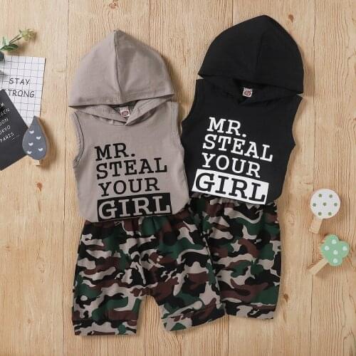 1-6Y Toddler Kids Baby Boy Sleeveless Letter Print Hooded Vest Tops Camouflage Shorts Bottom 2PCS Summer Clothes Set