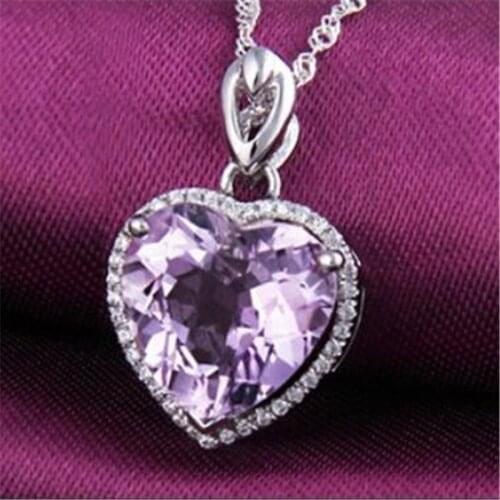 Real S925 Sterling Silver Classic Amethyst Gems Heart-Shaped Pendant Necklace Fine Jewelry Bride Wedding Accessories No Chain