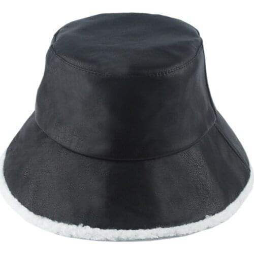 2021 Winter Faux Leather Waterproof Bucket Hat Women Lambswool Fleece Inside Warm Fishing Cap Fashion Panama Fisherman Hat