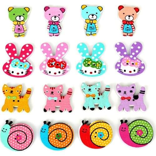 Natural Wood Buttons Random Mixed 2 Holes Pattern Cartoons Cat Bear Animals Scrapbook Craft DIY Sewing Accessories 50PCs