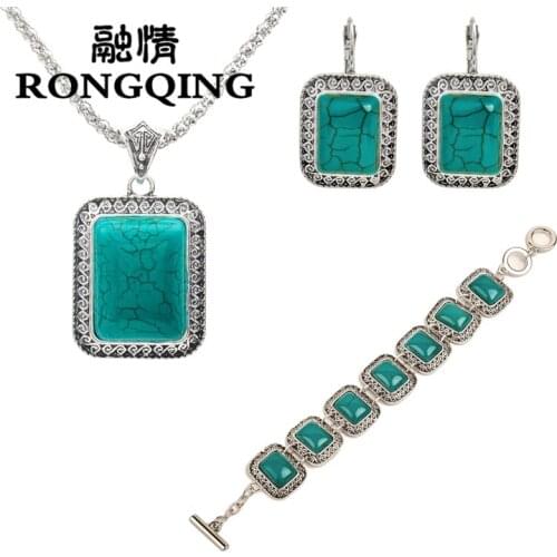 RONGQING 12Set/lot Blue Square Pendant Necklace Earring Sets for Women Elegant Jewelry Sets Wholesale