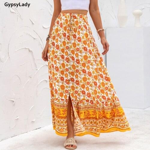 GypsyLady Boho Floral Print Skirt Vintage Chic Summer Women Long Pleated Skirts Ruffles Plus Size 2XL Holiday Beach Ladies Skirt