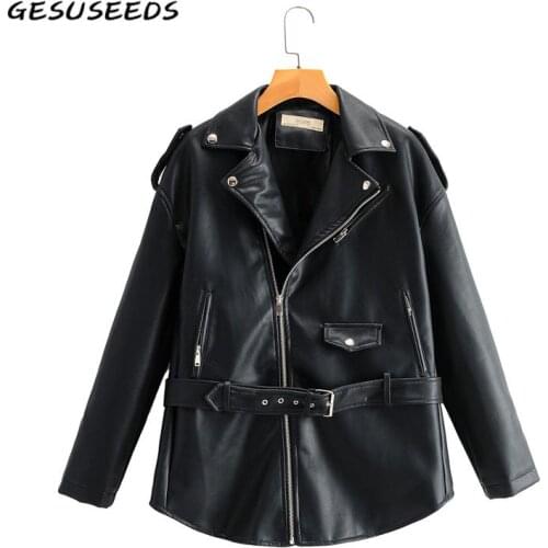 Fall 2020 leather jacket women korean long coat loose faux leather jacket pink Pu leather coat belt lady basic jacket zipper