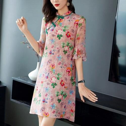 Chinese Style Women Summer Cheongsam Dresses Elegant Mandarin Collar Half Flare Sleeve Floral Print Lady Pure Real Silk Dress