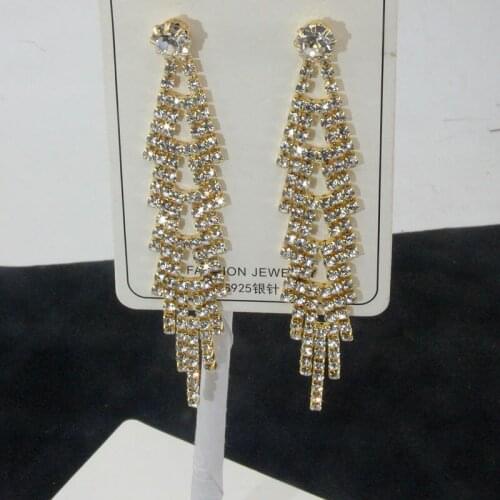 Gold Sparkling Rhinestone Long Tassel Wedding Drop Earrings Luxury Large Bridal Drop Earrings Party Jewelry Wholesale