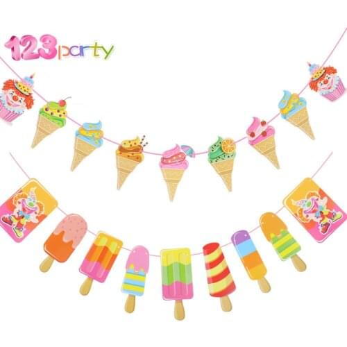 1set Ice cream stick ice clown summer party flag baby shower child birthday home decoration Hawaiian party supplies banner flag