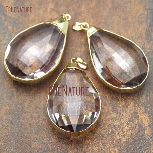 10Pcs Glass Crystal Pendant Gold Plating Faceted Water Drop Pendant 53x30mm PM13672