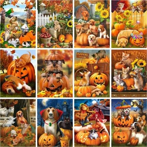 Huacan Diy Diamond Painting Halloween Pumpkin Diamond Embroidery Mosaic Dog Animal Wall Decor Diamond Art