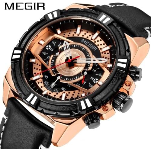 Megir New Fashion Mens Watches Top Brand Luxury Big Dial Military Quartz Watch Leather Waterproof Sport Chronograph Watch Men