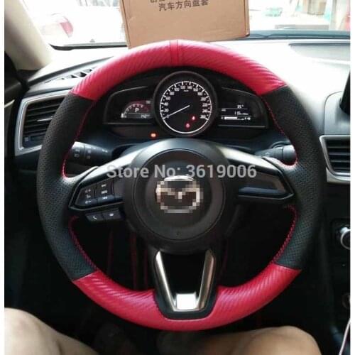 For Mazda 3 Axela Red Carbon Fiber Black Leather DIY Car Steering Wheel Cover