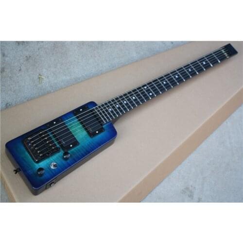 Free shipping custom 6 string headless blue guitar,flamed maple veneer,neck set in body,special bridge,HH pickups