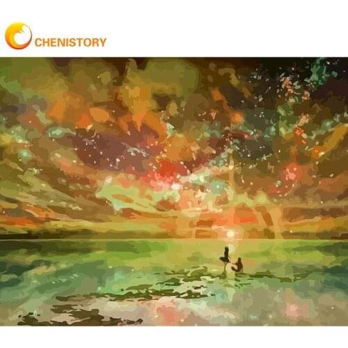 CHENISTORY Oil Painting By Numbers 40x50cm Framed Yellow Aurora Landscape Picture Handmade Home Living Room Decoration Arts