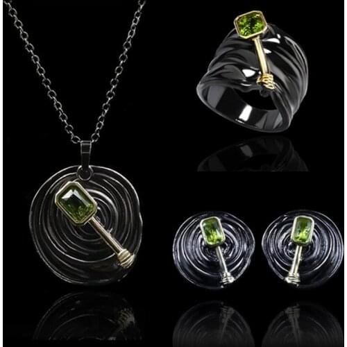 CIZEVA Ethnic Style 925 Silver Ring Earring Necklace Pendant Jewelry Set Green Zircon Stone Wedding Anniversary Gift for Ladies
